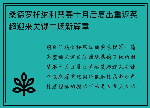 桑德罗托纳利禁赛十月后复出重返英超迎来关键中场新篇章