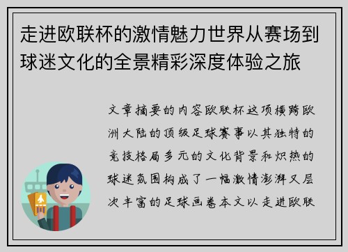 走进欧联杯的激情魅力世界从赛场到球迷文化的全景精彩深度体验之旅